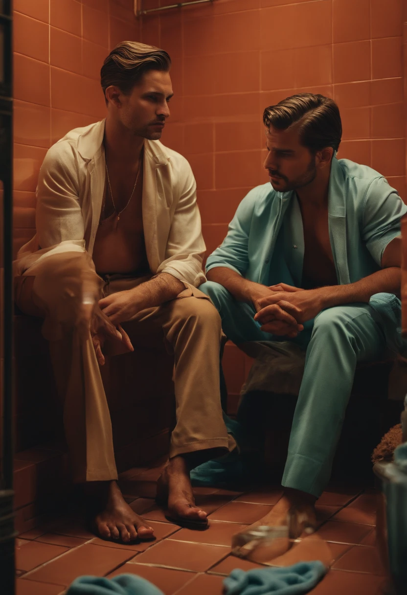 It's two men sitting on the floor in a bathroom..