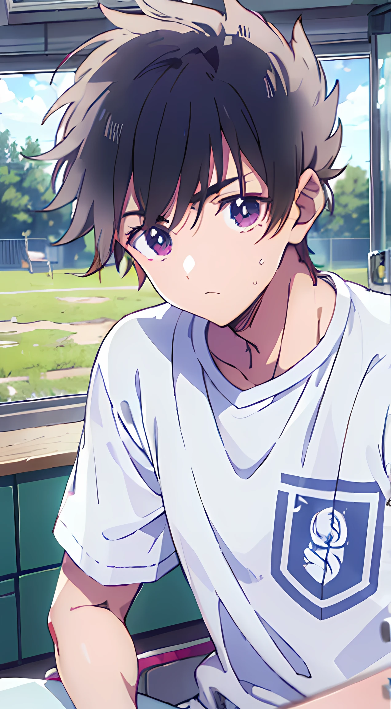 Absurdres masterpiece HDR high quality picture of Handsome boy , handsome face, detailed face, brown hair , very Short hair, ((messy cut hair style:1 )) , anime eyes, light skin , ((muscular:1)),masculine ,age 18 ,
Wearing a school varsity, topless , sitting comfortably on chair in boys locker room, beautiful background, masterpiece scenery