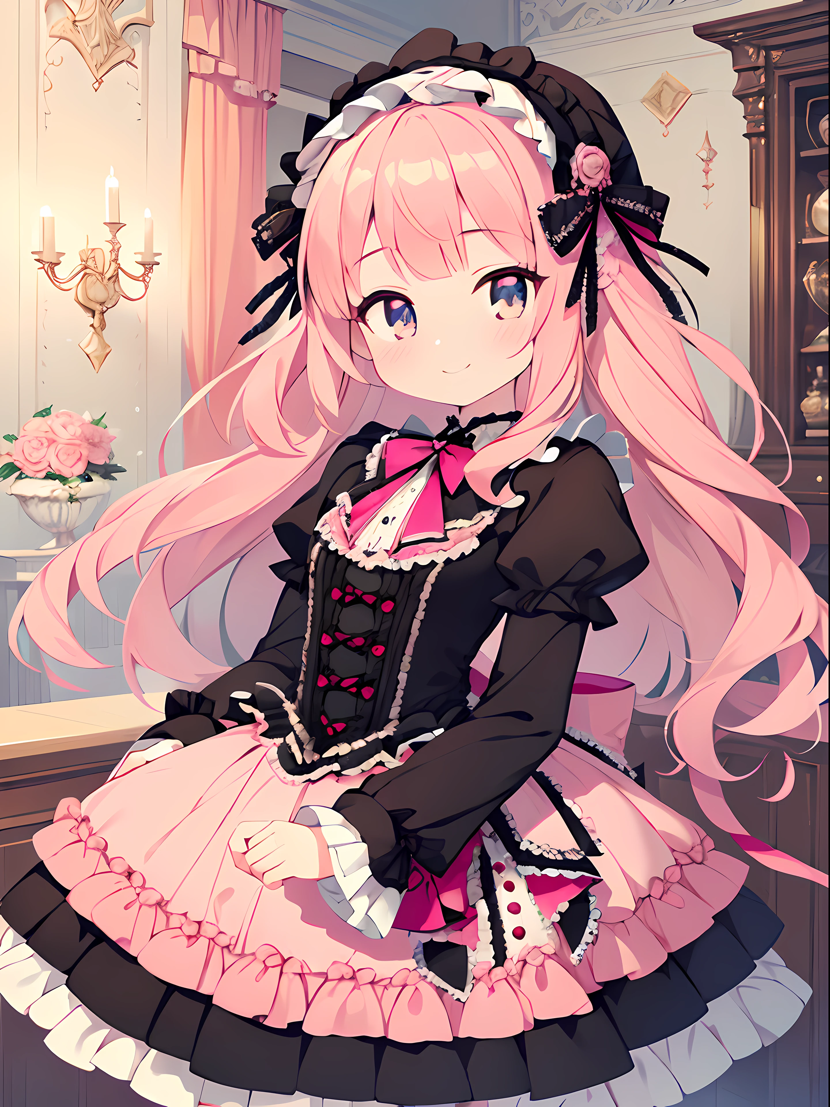 (masterpiece:1.2), best quality, highres, original, (extremely detailed:1.2), ultra-detailed, wallpaper, perfect lighting,(extremely detailed CG:1.2), 8k, (Pink ta dress, Loliashion:1.24), shiny clothes, girl image, better hands, pink tone, cute style, girly, sweet decoration, pink bubbles, candy color scheme, dreamy scene, exquisite details, small and exquisite, sweet atmosphere, romantic elements, girlish sentiment, pink color, cute decorations, sweet smile