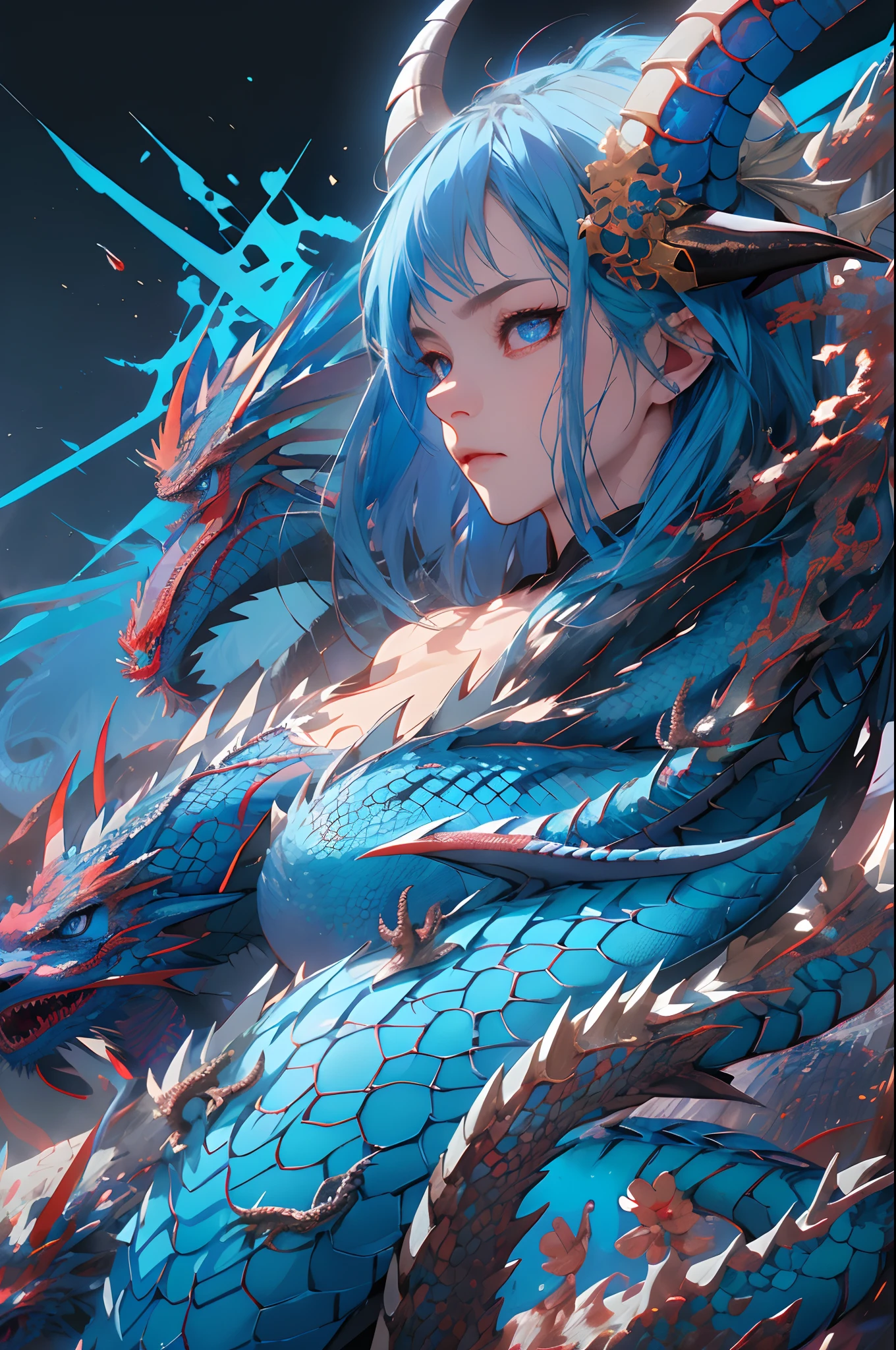 1girll, Half Ice Dragon, blue color eyes, ((((whaite hair)))), ((((Blue Dragon Horn)))), Medieval armor ((Flat chest)), (((Detal Face))) ((((8K resolution)))), Master parts, 4K 分辨率, ((high high quality))