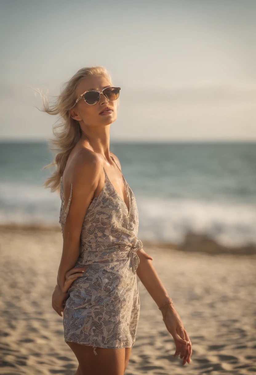Fille blondie sexy avec des lunettes de soleil en bikini sur la plage