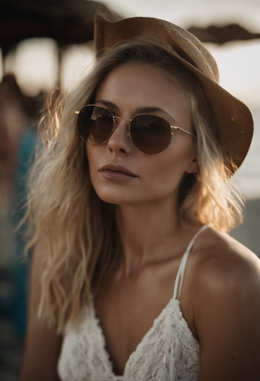 Fille blondie sexy avec des lunettes de soleil en bikini sur la plage