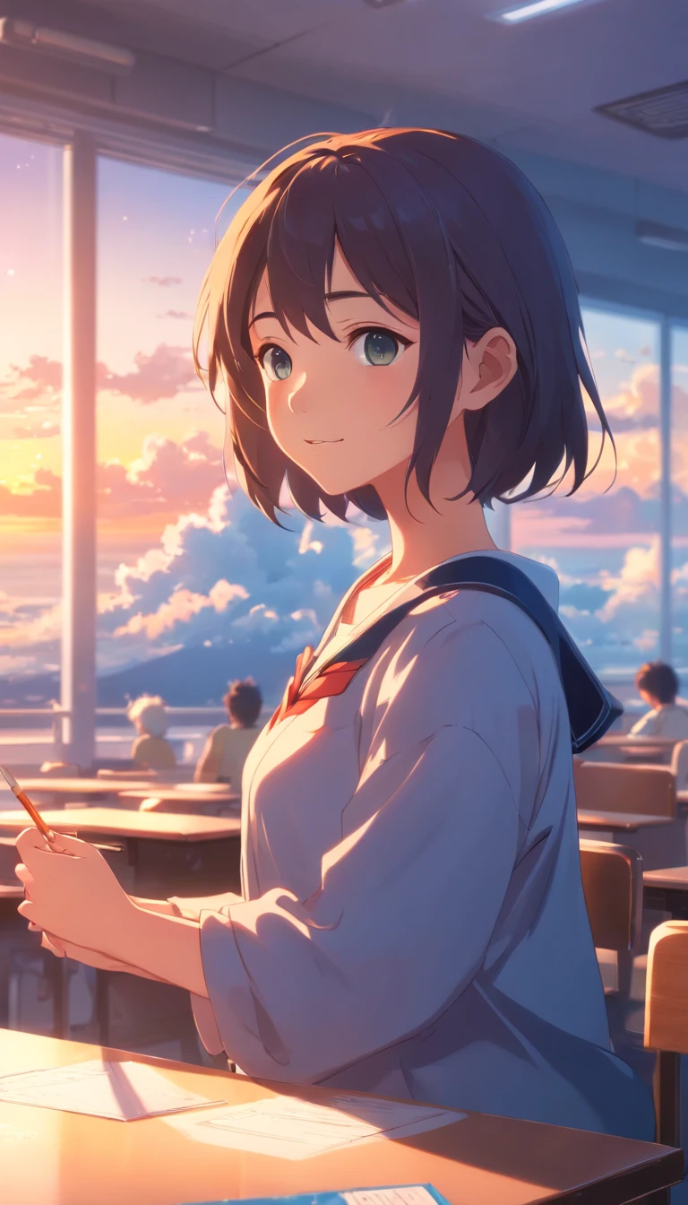 masterpiece, best quality, movie still, 1girl, cloud girl, in classroom, close-up, bright, happy, warm soft lighting, sunset, (sparks:0.7)