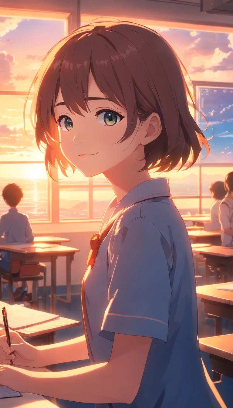 masterpiece, best quality, movie still, 1girl, cloud girl, in classroom, close-up, bright, happy, warm soft lighting, sunset, (sparks:0.7)