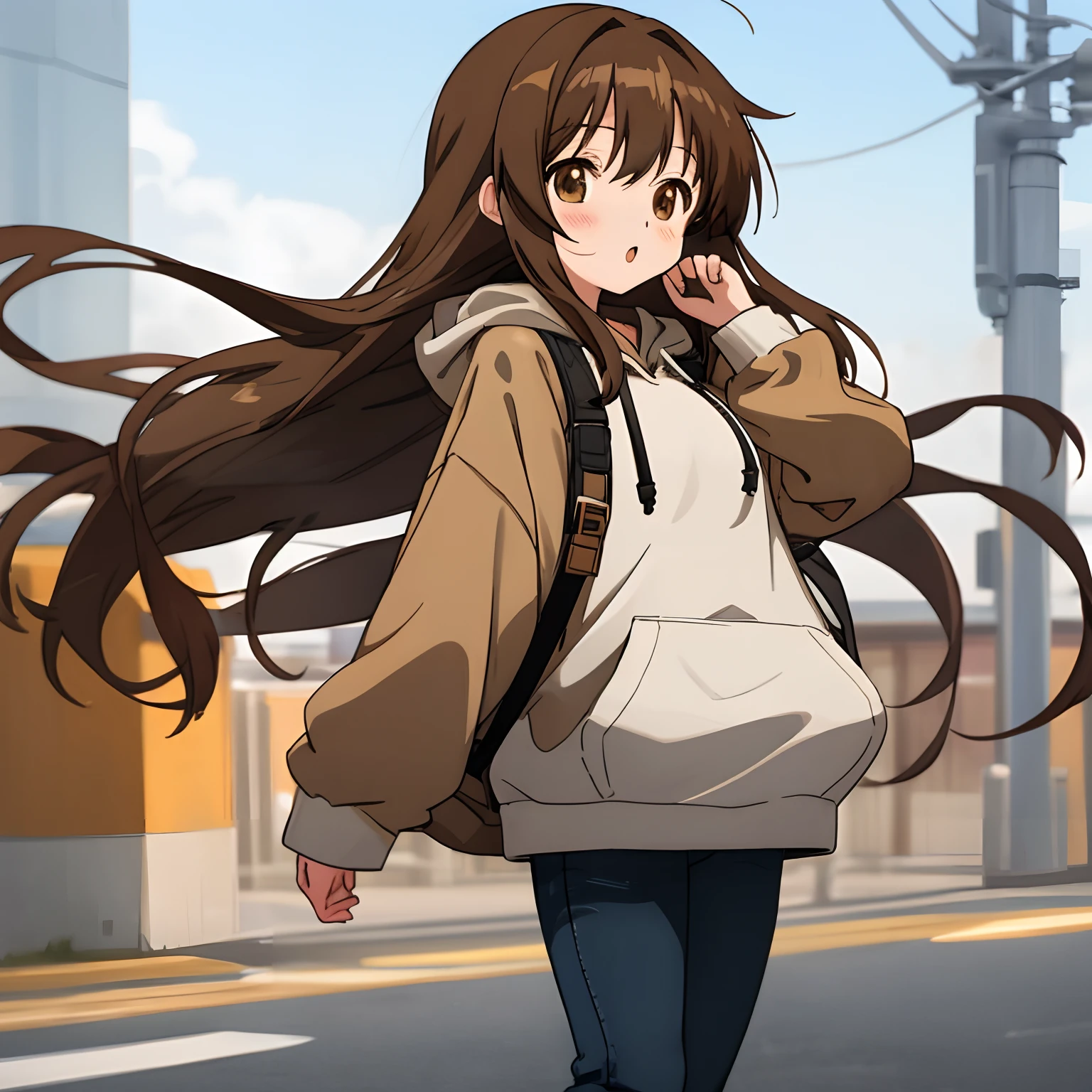Anime girl long brown hair brown eyes oversized hoodie and black jeans