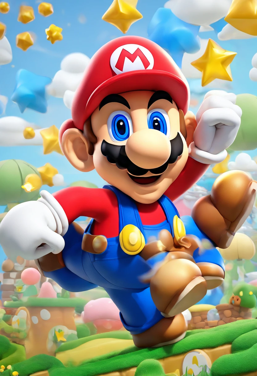 (Mario), design de personagens, Nintendo Super Mario, (olhos azuis, red hat, terno vermelho, blue suspenders, luvas brancas, )super bonito estilo caixa cega, Chibi, corpo inteiro, exaggerated expressions and actions, fundo limpo, Destaques iridescentes brilhantes, studio lighting, Atmospheric Illumination, com textura requintada, High detail, high resolution, c4d, ..3d, Liquidificador, 8k, best quality, Ultra High Definition