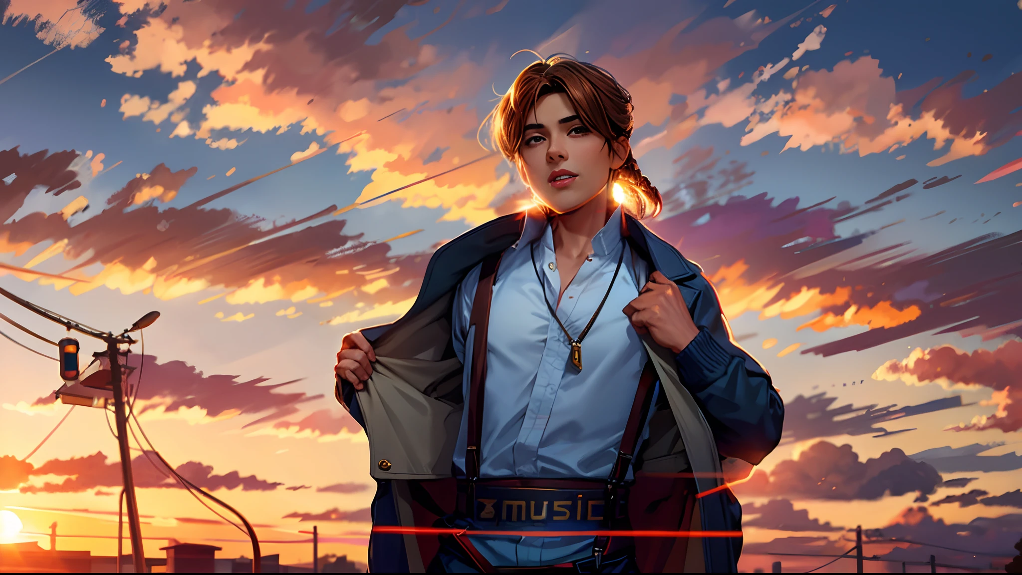 the sunset,eventide,middle parted hairstyle,Take off your coat,Suspenders