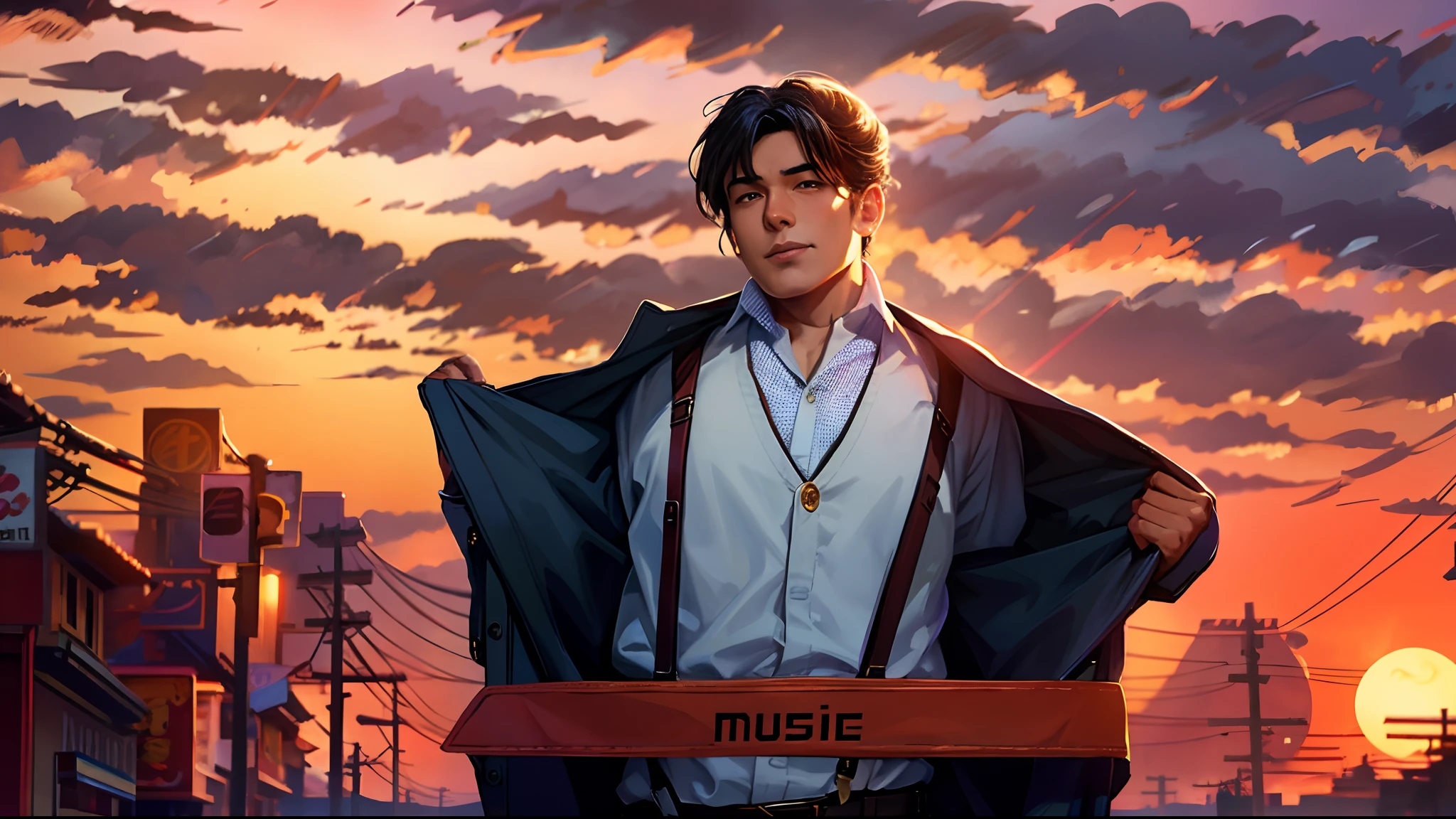 the sunset,eventide,middle parted hairstyle,Take off your coat,Suspenders