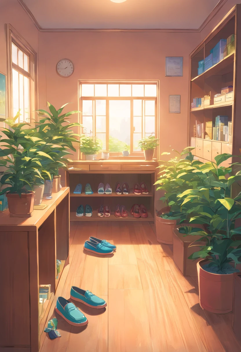 In the bright living room,In the middle is the shoe cabinet,(locker:1.2),There are slippers on the carpet,Next to it are plants