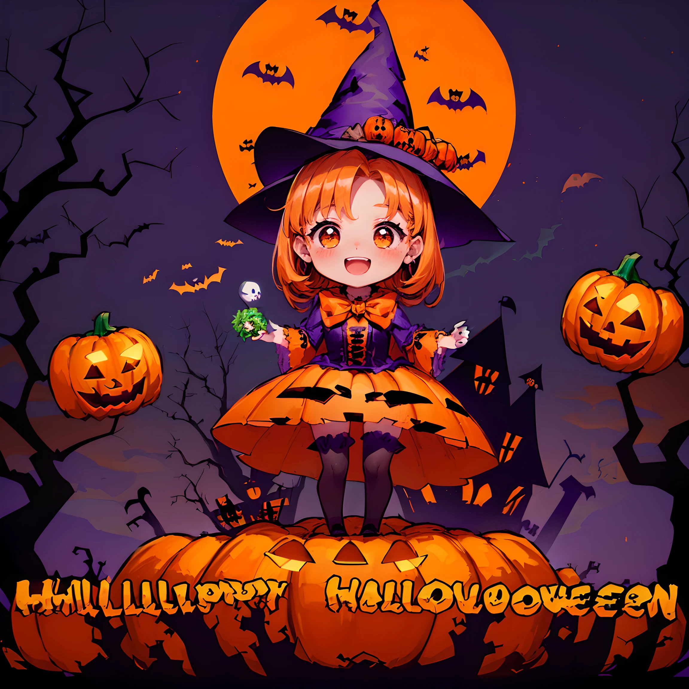 (Halloween theme:1.5), (magic:1.5), (fantasy:1.5), (centered image:1.5), (dark night sky:1.5), (cloud:1.5), (chibi emote:1.5), (chibi character:1.5), (Halloween party:1.5), (pumpkin monster:1.5), (cute ghost:1.5), (mummy:1.5), (trick or tree:1.5), (happy halloween:1.5), (orange theme:1.5), (many monsters and people:1.5), (halloween city scape:1.5),