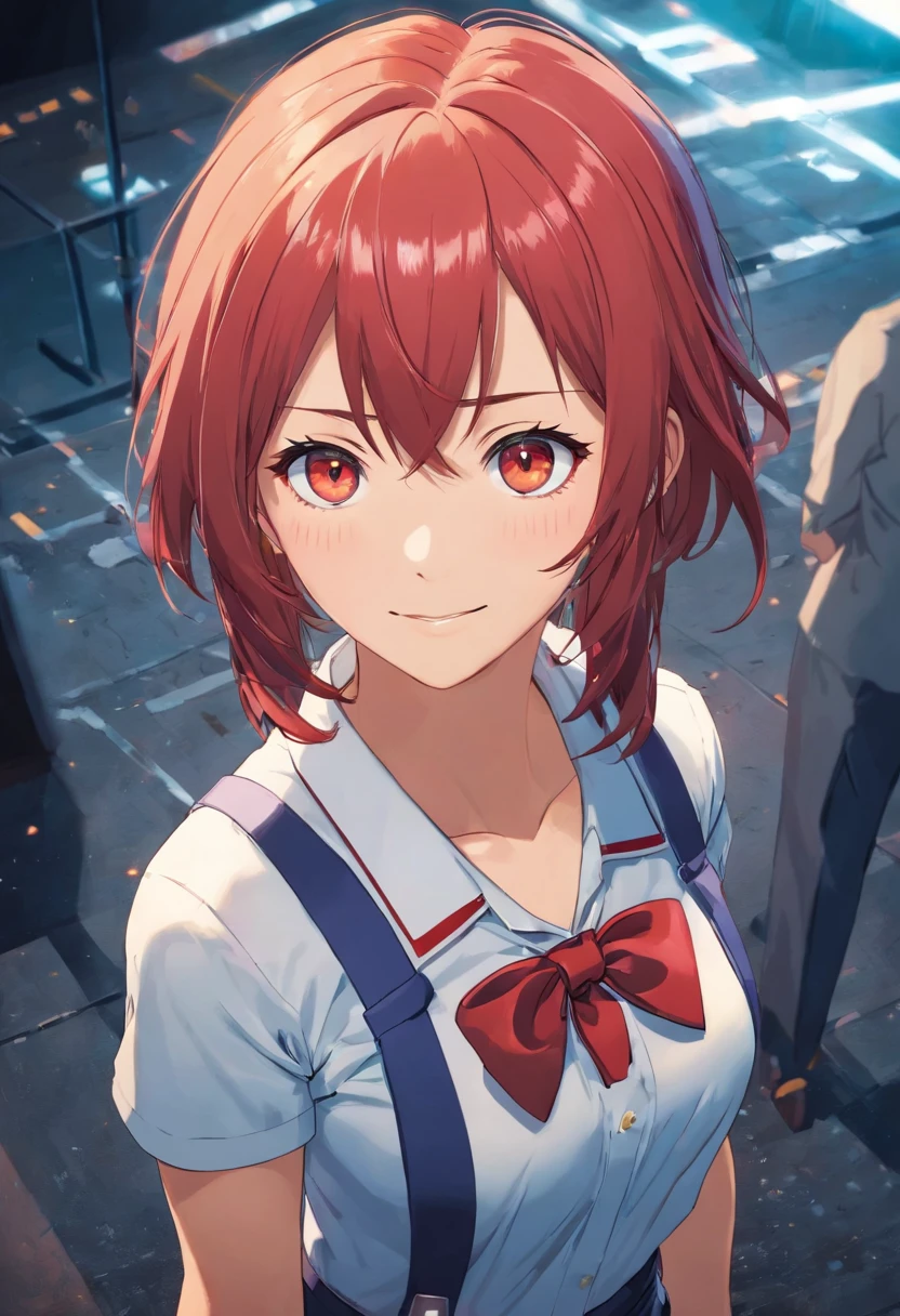 makima (chainsaw man), Best Quality, Ultra Detailed, 1girl, 独奏, Standing, red hair, hairlong, braided, golden eyes, Bangs, Average Breasts,, white  shirt, tie, olhando, Smile, (Bad: 1.2), looking at the viewer, (interview: 1.3), (Dark background, fetters: 1.3), From directly above, A stark contrast, beautiful detail eyes, focus, a closeup of a