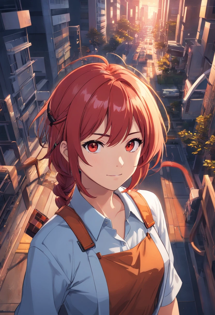 makima (chainsaw man), Best Quality, Ultra Detailed, 1girl, 独奏, Standing, red hair, hairlong, braided, golden eyes, Bangs, Average Breasts,, white shirt, tie, olhando, Smile, (Bad: 1.2), looking at the viewer, (interview: 1.3), (Dark background, fetters: 1.3), From directly above, A stark contrast, beautiful detail eyes, focus, a closeup of a