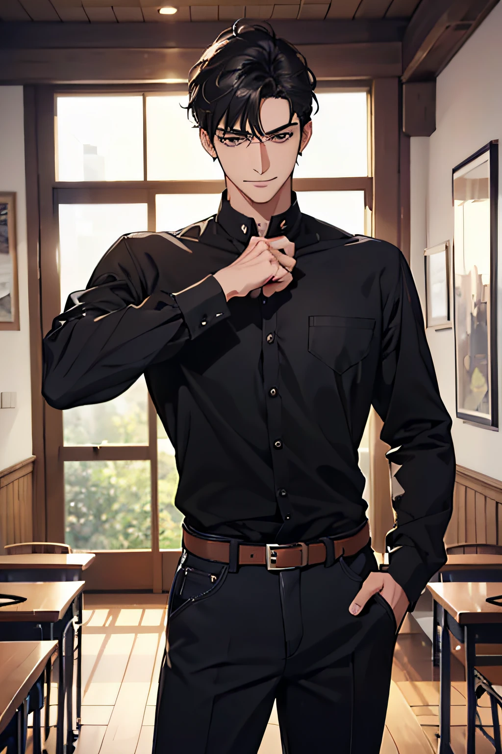 (absurderes、hight resolution、ultra-detailliert)、((1 male、a handsome、A tall\ember、extra very short hair、Highest Quality, masutepiece, 4K, Detailed eyes, Detailed face,)), (morning), An old man standing in a classroom, Short hair, Solo, Looking at Viewer, Men's Shorthair, Cowboy Shot, (crass room), Cowboy Shot, Smile, Black hair, (1 oldman:1.2), Black shirt