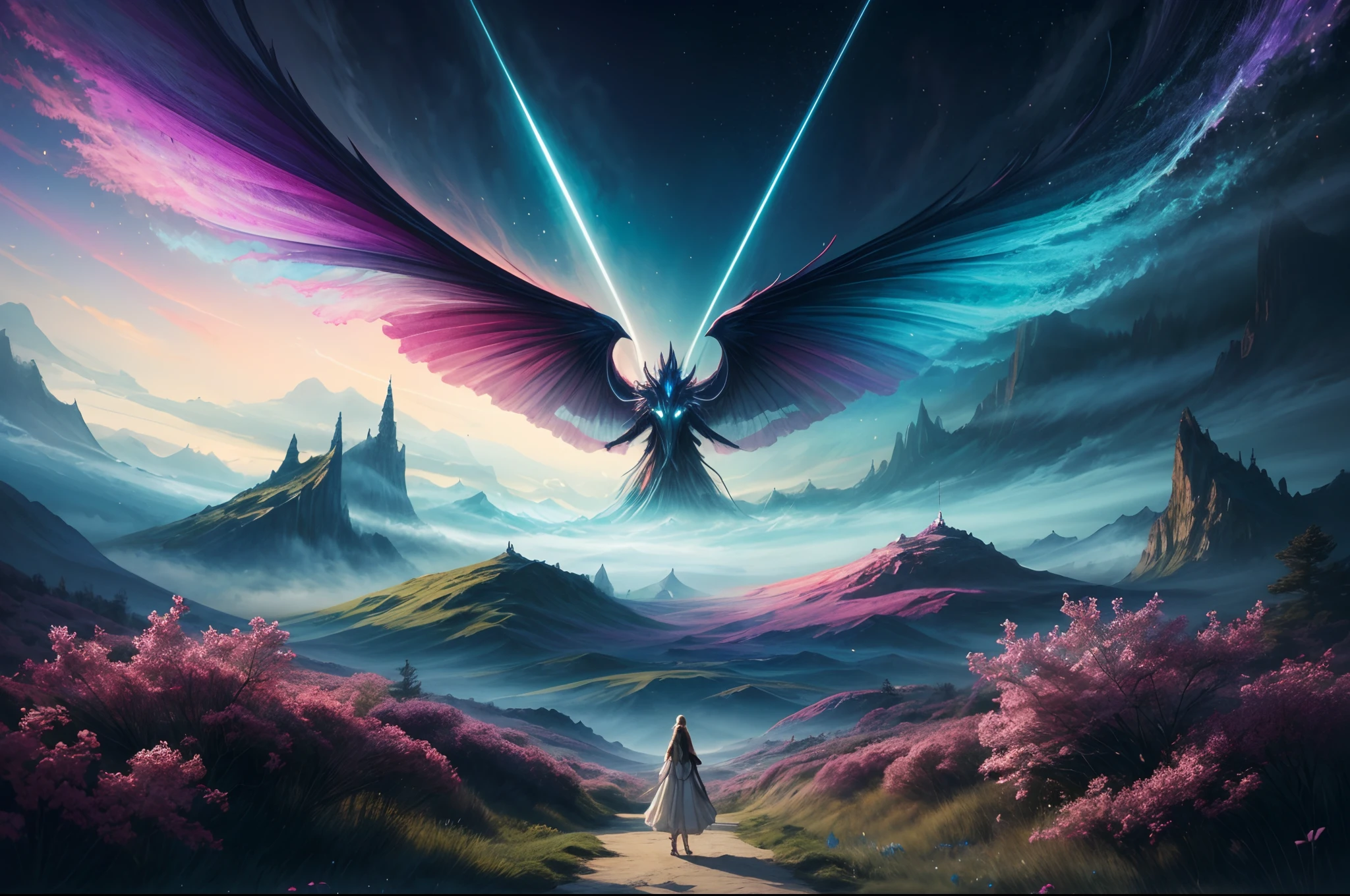 best quality,4k,8k,highres,masterpiece:1.2,ultra-detailed,realistic:1.37,surreal fantasy, vibrant color,ethereal landscape,awe-inspiring,otherworldly creatures,dreamlike atmosphere,magical elements,whimsical setting,mesmerizing visual effects,exquisite detailing,enchanting colors,fantastical scenarios,dynamic composition,mythical creatures,illuminated skies,colorful flora and fauna,transcendent beauty,mysterious journey,natural elements in unusual forms,surrealistic interpretation of reality,imaginative backdrops,surreal aura,unforgettable experience,breathtaking moments,unconventional juxtapositions,extraordinary visions,narrative depth,visual poetry,harmonious blend of elements,vivid and vibrant palette,hypnotic ambiance,luminous radiance,layers of meaning,poetic symbolism