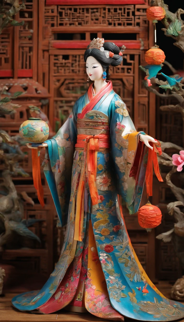 Best quality, A high resolution, vibrant with colors，(paper art), (fairytale-like:1.1), (Chinese:1.1) woman, (Hanfu:1.1), (Beautiful:1.1) Renders, (Intricate:1.1) Details, (moonlit:1.1) scenery, (Masterpiece:1.2), picure (metal:0.9), (vibrant:1.1) colours, (soft:0.9) lighting