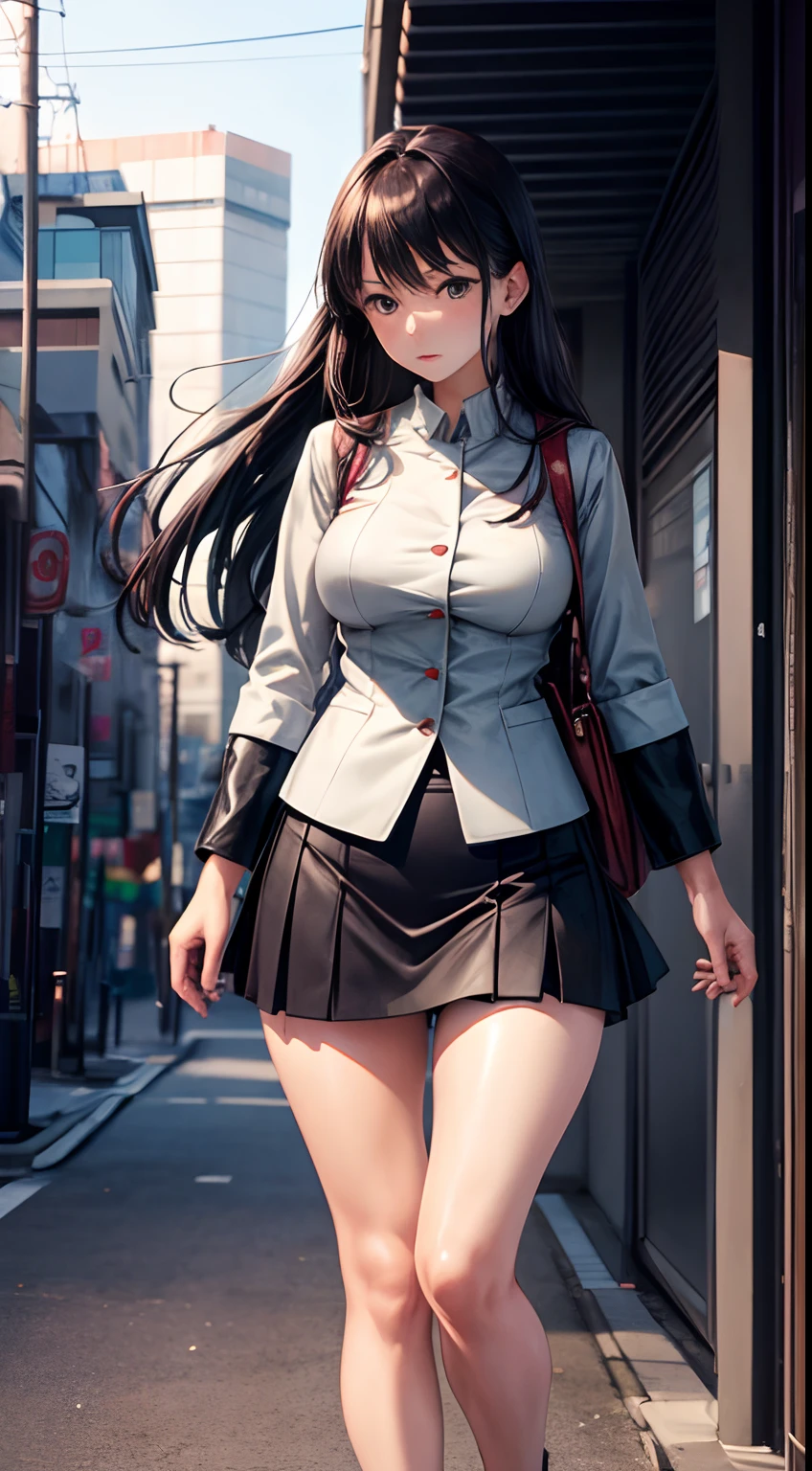 Kenji Tsuruta, Satoshi Kon, Katsuya Terada, katsuhiro Otomo, Surreal, mysterious, strange, fantastical, fantasy, sci-fi, Japanese anime, beautiful giant miniskirt high school girl who is taller than high rise buildings wandering around the city, perfect voluminous body, sexy erotic body, bird’s eye view, hyper detailed masterpiece high resolution definition quality, depth of field cinematic lighting