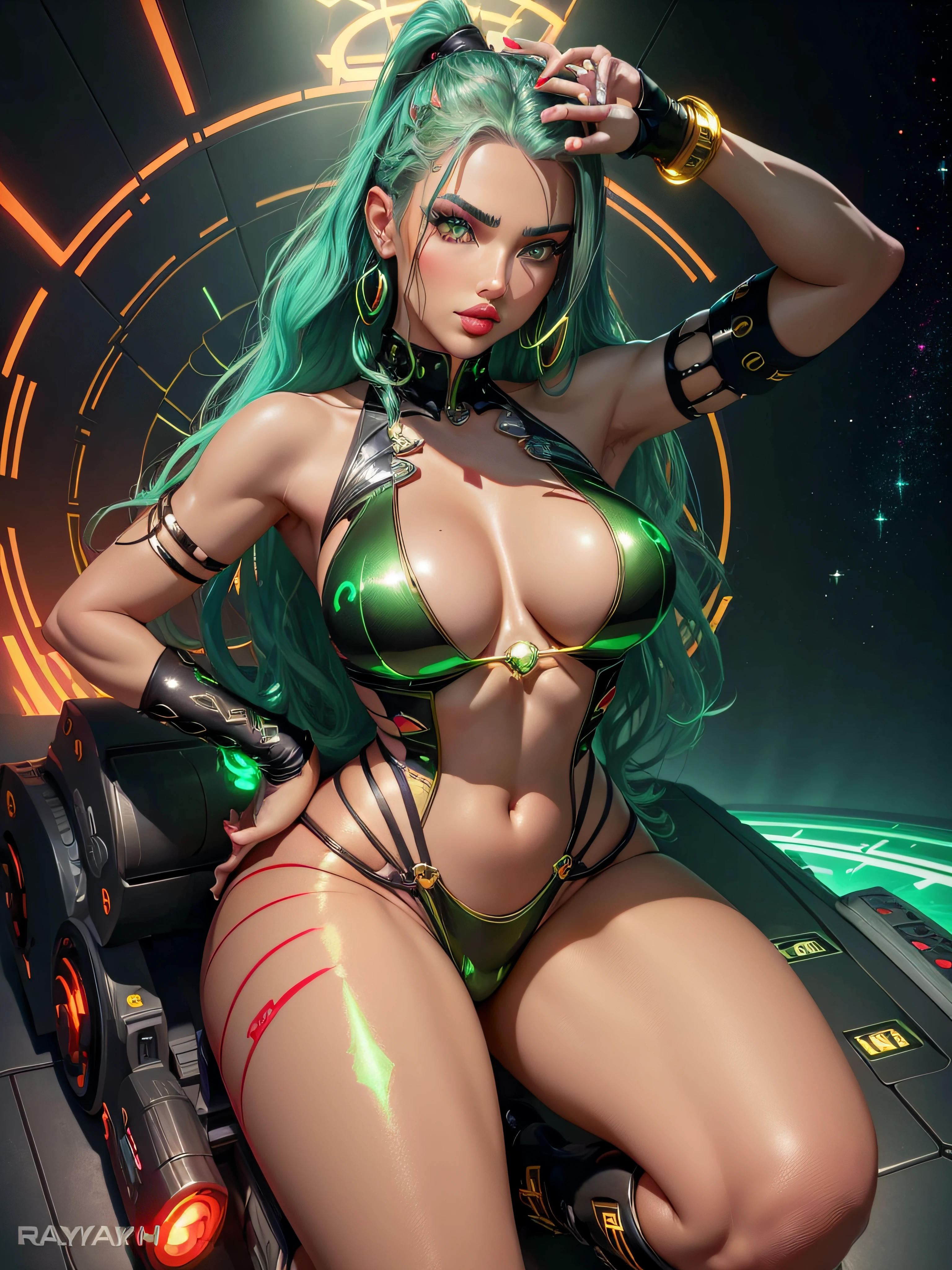 a woman (Adriana Lima :1.1) red lips, green eyes, in spacer with a space ship with colors that look like they glow from with in a special gold artifact that looks like a laser pointer with rings of fire 8k UHD by RayShark