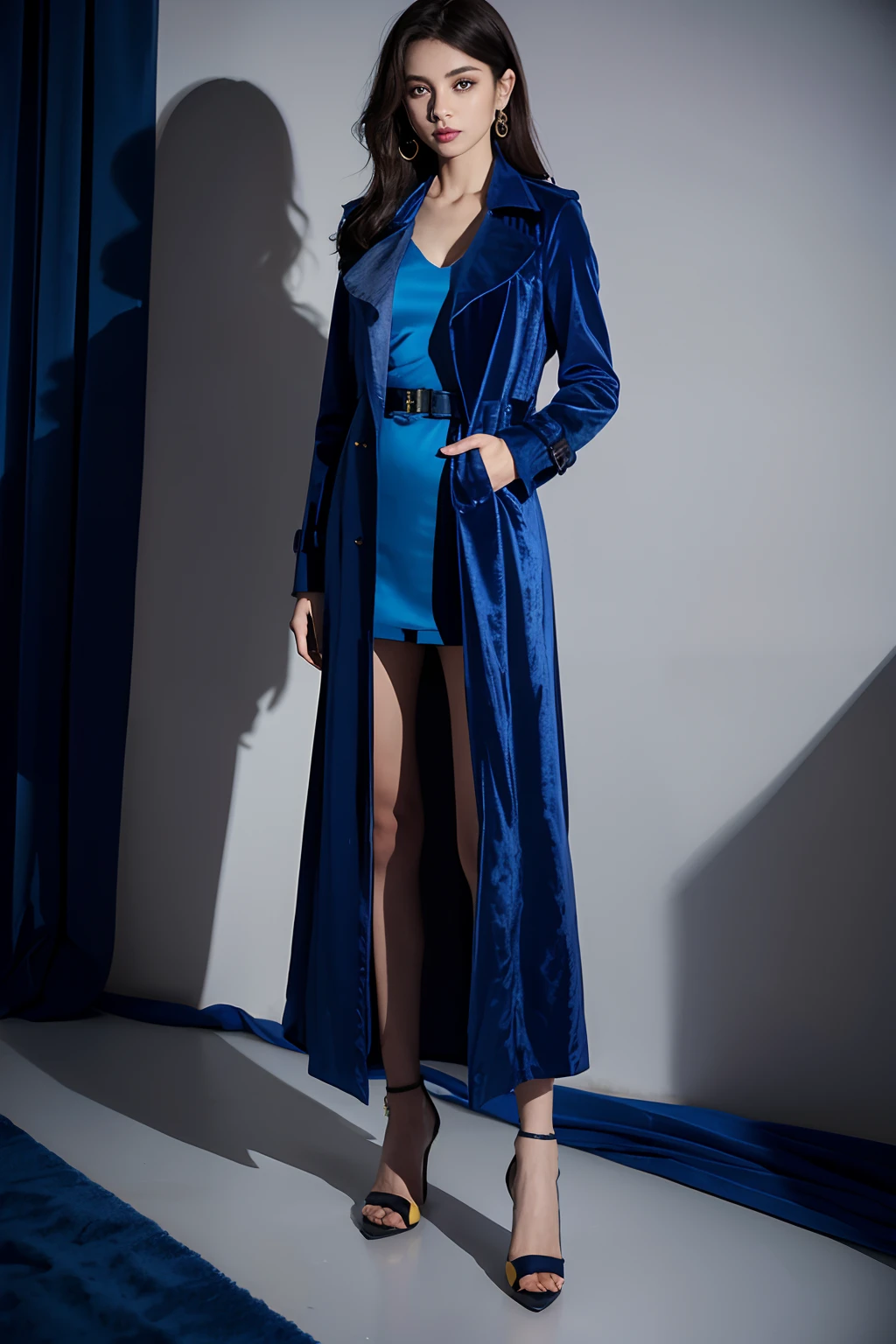 Royal blue gold velvet,Fitted fit,Bright metal,Atmospheric trench coat