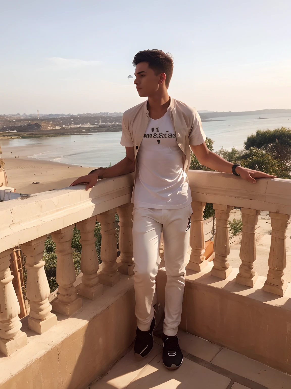 Change a image background sunset, a handsome boy,fully realistic, 8k,white tshirt and black danim jacket, blue pant