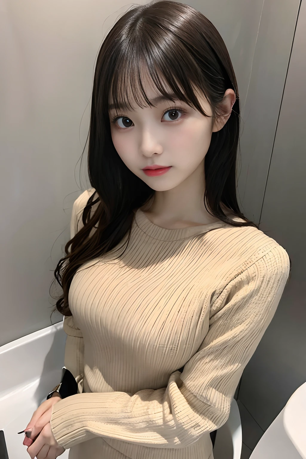 She wears a beige knit dress with long sleeves