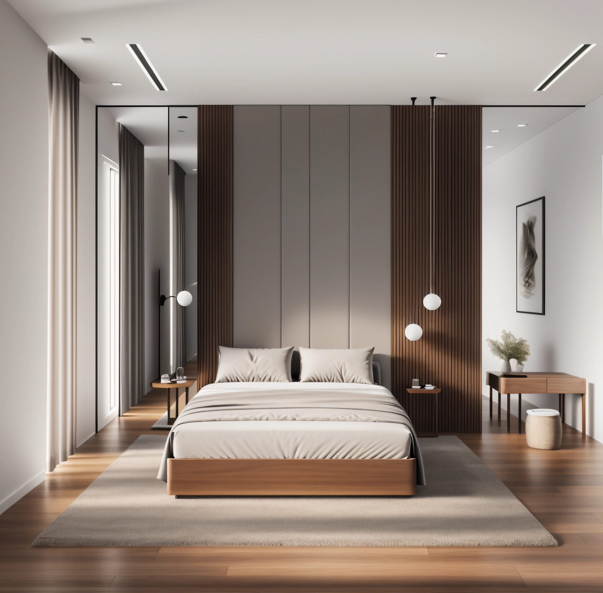 Real-photos , modern bedroom,stunning-design, modern-style, shadows, volumetric lighting, shadows, high end photography, fidelity, bright details, sharp, unique, award winning photography, Canon EOS 5D Mark IV DSLR camera, f/ 6, ISO 100, 1/ 250 sec, uhd, 8k, natural soft light Of course, best quality, Super high resolution