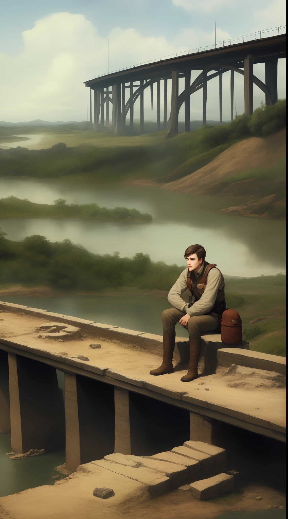 Young archaeologist man waiting on a long bridge during civil war without a home