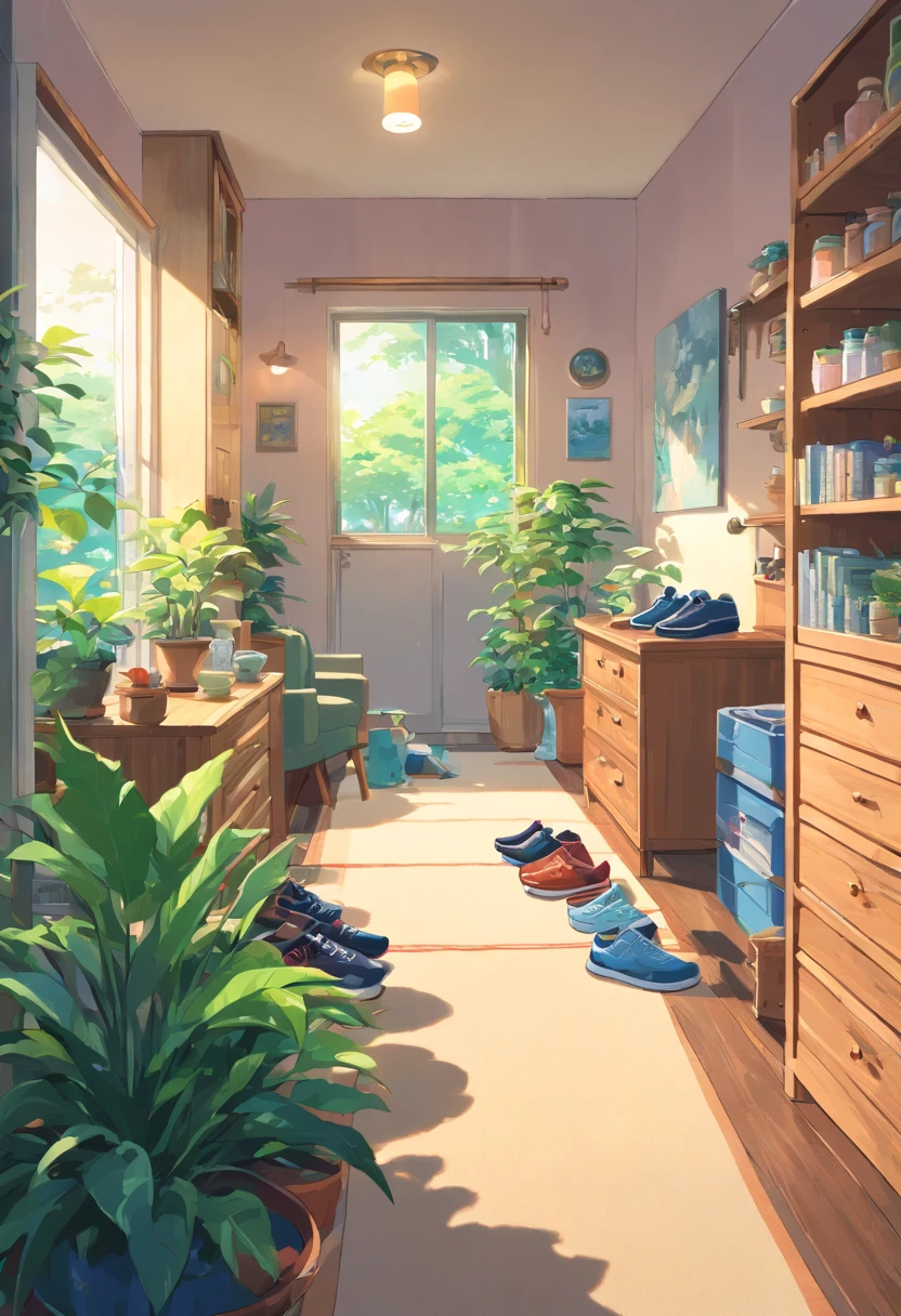 In the bright living room，(In the middle is the shoe cabinet:1.4)，(shoe:1.2)，There are slippers on the carpet, Next to it are plants