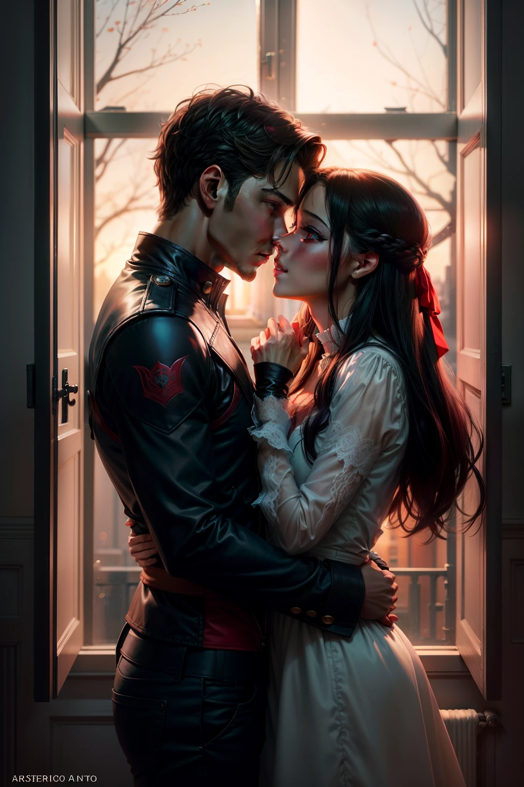 Photo of a couple kissing in front of a window,Portada de la novela, Una portada de anime, romance novel cover, red eyes