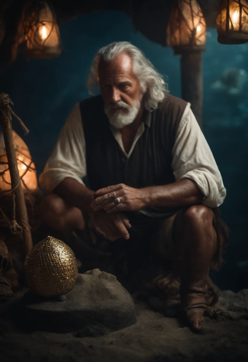 Mark orkas is a old fantasy DnD pirate man who makes grave buoys maker in the Caribbean reef