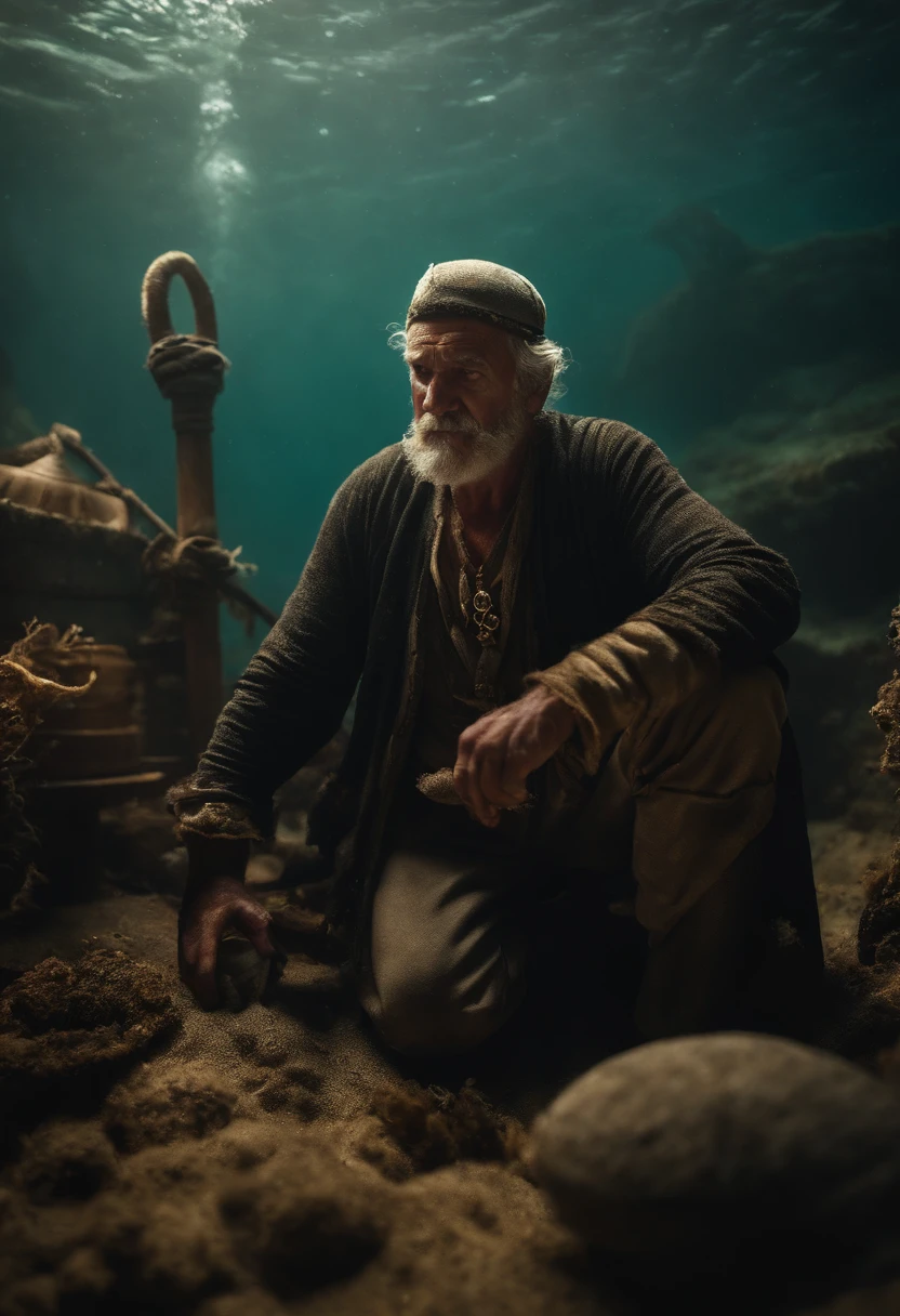 Mark orkas is a old fantasy DnD pirate man who makes grave buoys maker in the Caribbean reef