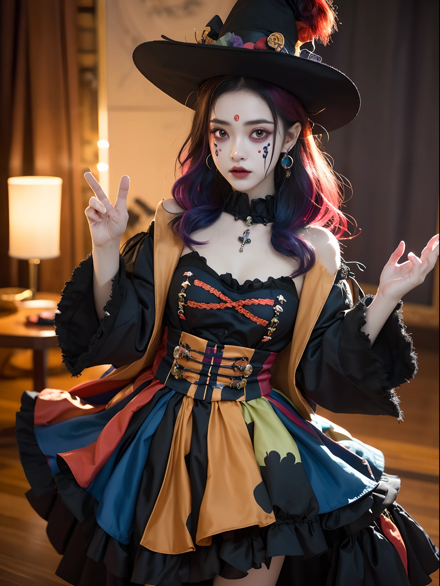 Close-up symmetrical portrait of a puffunk,Spooky clown,A witch dressed as a clown,(The left side of the face is painted with skull makeup1.4)uncanny,hoang lap,MSHN Robotics,Colorful splashes,Ultra photo realsisim,Complex design,(Rainbow-colored hair 1.5)(insane detailed:1.4),(Extremely fine details:1.35),Extremely clear lines,Iron and steel,cinmatic lighting,realisticlying,Detailed paintings by Ayaki Kojima and Lilia Alvarado,(best qualtiy,high qulity,absurderes,intricately details,tmasterpiece,cinematic ligh),highly detailed,motionblur, filmgrain、noise、Lens effects、Colorful,Extremely high quality,full body shot shot,Colorful clothes(1.3),Dance movements,(Spooky 1.4)
