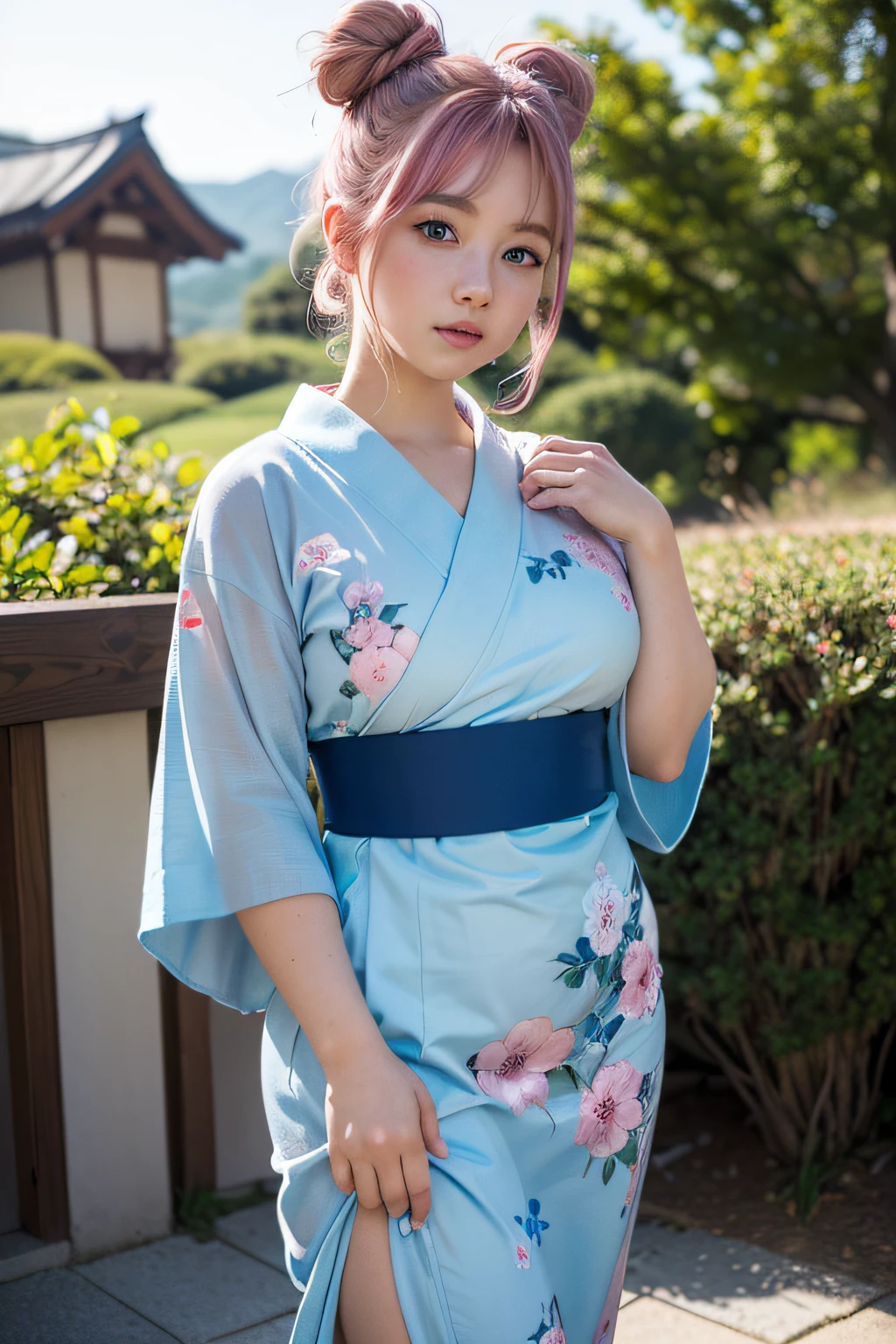 (masterpiece, best quality, beautiful girl, solo, gardeniass, 8k, official art, raw photo, detailed Blue eyes, full Pink Hair, 2 buns, classic yukata, , shy, curvy body, blue eyes