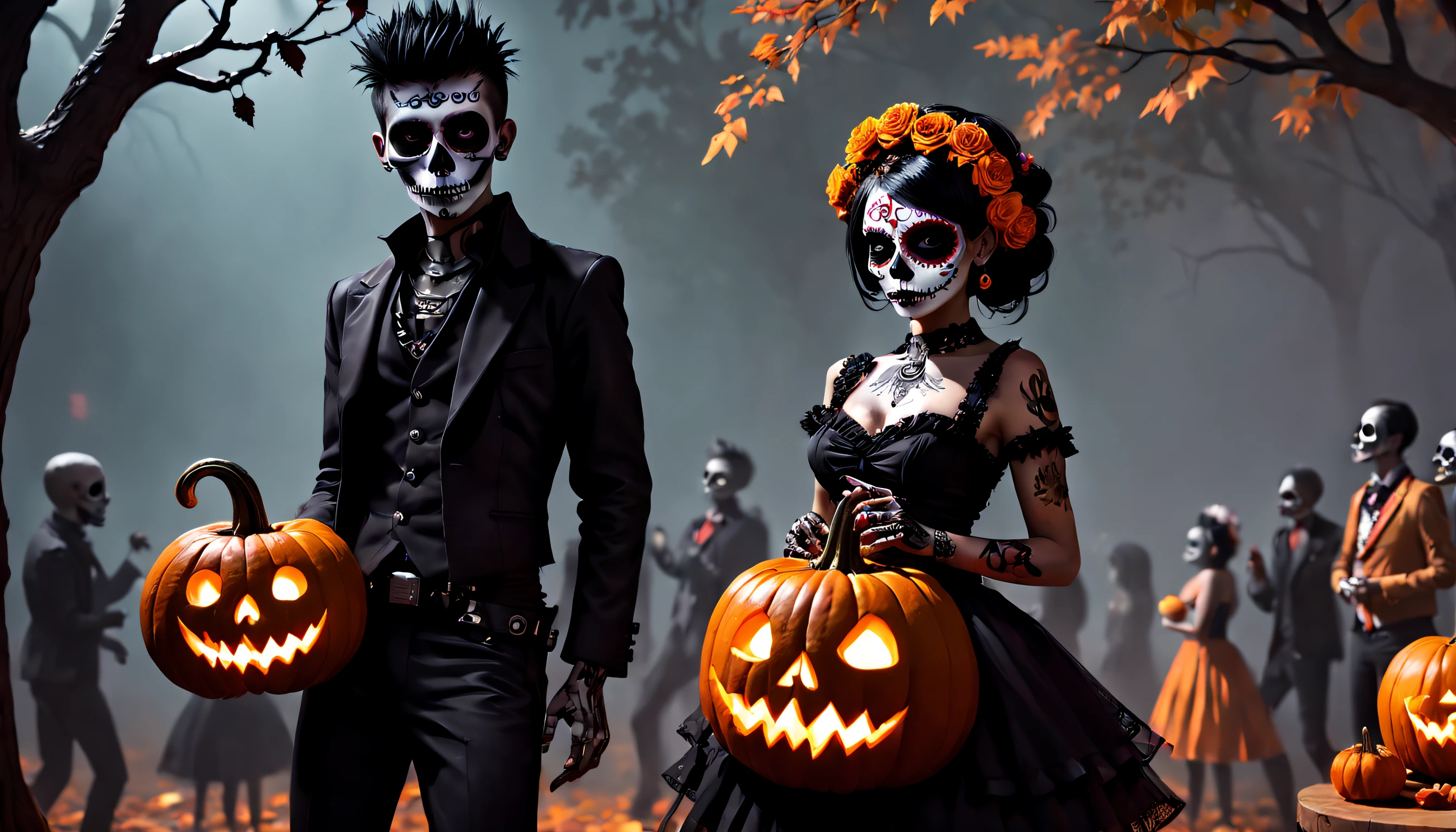 Day of the Dead : Niji deathpunk characters revel in their life-trip, engaging in playful and mischievous tricks and sharing scrumptious treats that they find on their travels. Eerily-lit tree branches become an impromptu stage for shadow-dance performances, and pumpkin-carved headbands add a touch of whimsy to their curious aura.