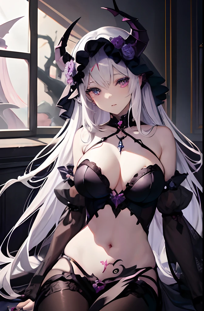 Anime - a picture modeled on a woman dressed in a lilac costume, demon anime girl, beautiful succubus, anime goddess, seductive anime girl, anime monster girl, white haired deity, Sukupus, white horns queen demon, beautiful alluring anime woman, beautiful elegant demon queen, Dragon Girl, Gothic girl tattooed on the stomach