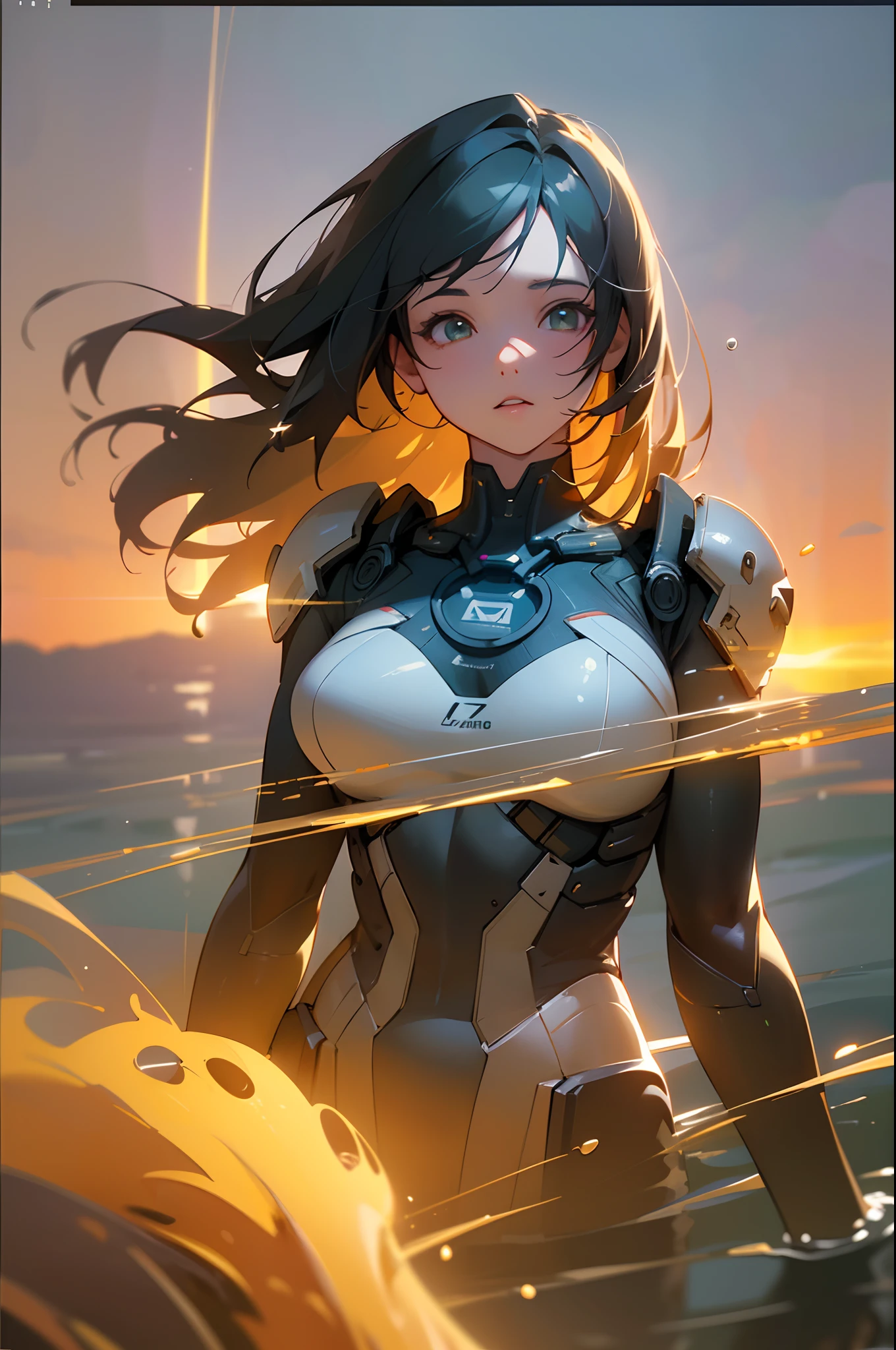 (Best Quality), ((Masterpiece), (detail: 1.4), 3D, Beautiful Cyberpunk Female Image, HDR (High Dynamic Range), Ray Tracing, NVIDIA RTX, Super Resolution, Unreal 5, Subsurface Scattering, PBR Texture, Post Processing, Anisotropic Filtering, Depth of Field, Maximum Sharpness and Acutance, Multi-layer Texture, Albedo and Highlight Mapping, Surface Shading, Accurate Simulation of Light-Material Interactions, Perfect Proportions, Octane Rendering, Two-tone Illumination, Wide Aperture, Low ISO, White Balance, Rule of Thirds, 8K RAW, Masterpiece, Best Quality, (8k Very Detailed CG Unit Wallpaper) (Best Quality), (Best Illustration), (Best Shade) Golden Waves, Bright Orange AOL Sunset Through the Waves, Golden Water Droplets Flying, (:1. 6) --auto --s2