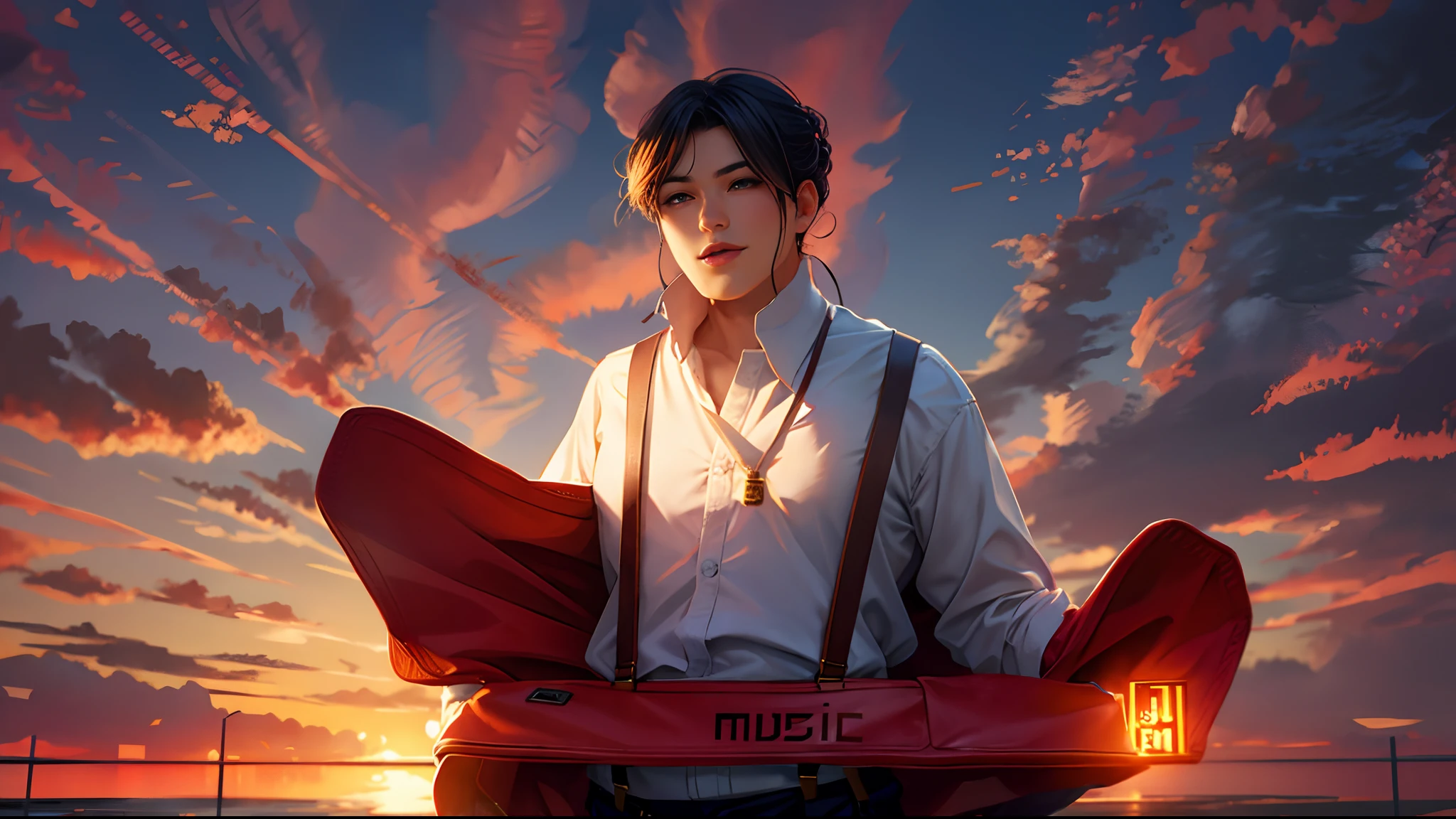 the sunset,eventide,middle parted hairstyle,Take off your coat,Suspenders