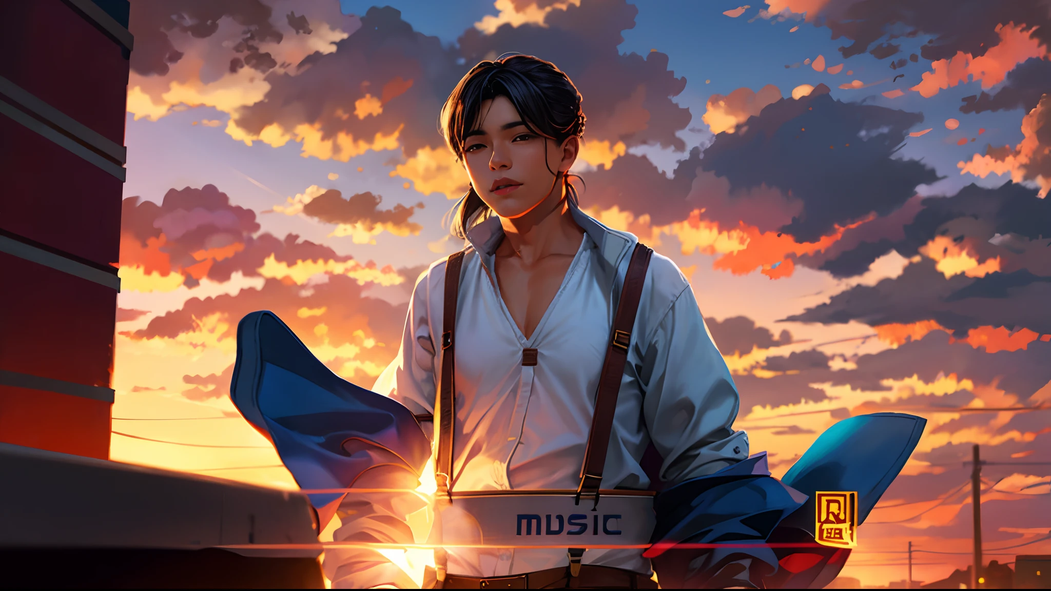 the sunset,eventide,middle parted hairstyle,Take off your coat,Suspenders