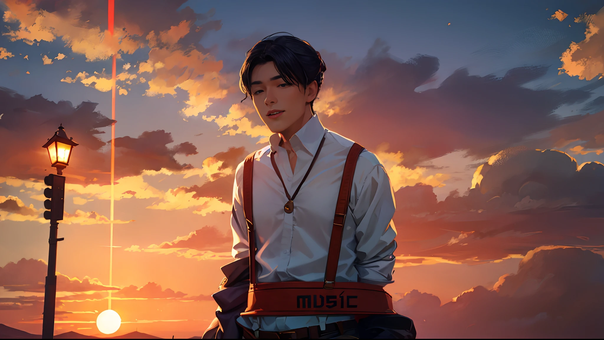 the sunset,eventide,middle parted hairstyle,Take off your coat,Suspenders