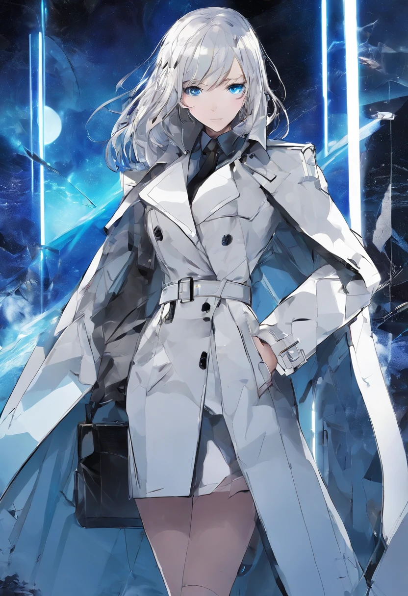 (Best Quality, Masterpiece),(1girl, trench coat,countenance, blue eyes, looking a viewer, black hair, closed mouth, dress shirt, black skirt, The viewer's hand), (Less blue light, Lots of pieces of blue glass behind, Floating objects, night  sky)