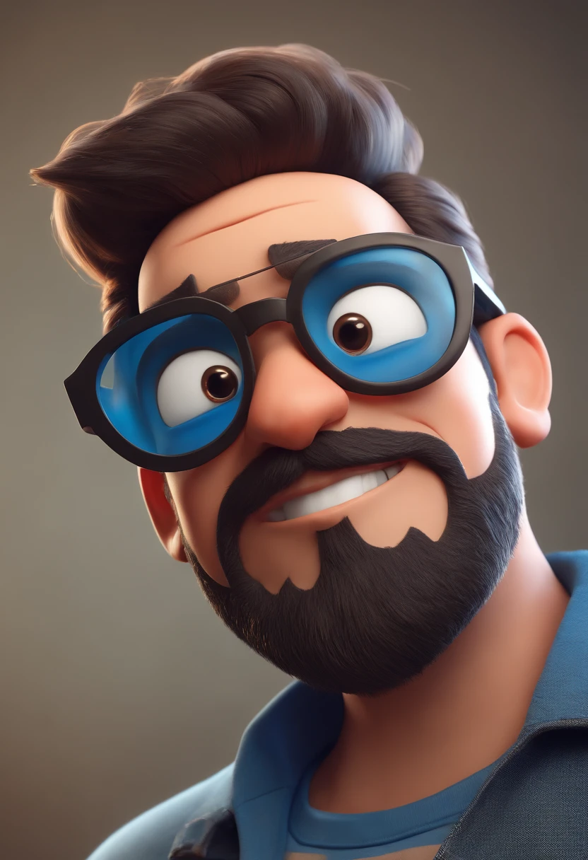 Cartoon character of a man with black glasses and a blue shirt, animation character, Caractere estilizado, animation style rendering, 3D estilizado, Arnold Maya render, 3 d render stylized, toon render keyshot, Personagem 3D, Personagem 3D, 3d rendering stylized, 3 d character render, personagem de desenho animado, Personagem de close up, Pose de personagem,  (Estilo Pixar) (master part:1.2) (Bokeh) (best quality) (pele detalhada) (textura detalhada) (8k) (argila) (Cinematic lighting) (Sharp focus bearded and brunette