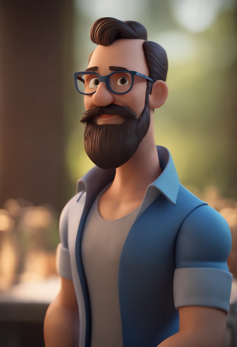 Cartoon character of a man with black glasses and a blue shirt, animation character, Caractere estilizado, animation style rendering, 3D estilizado, Arnold Maya render, 3 d render stylized, toon render keyshot, Personagem 3D, Personagem 3D, 3d rendering stylized, 3 d character render, personagem de desenho animado, Personagem de close up, Pose de personagem, (Estilo Pixar) (master part:1.2) (Bokeh) (best quality) (pele detalhada) (textura detalhada) (8k) (argila) (Cinematic lighting) (Sharp focus bearded and brunette