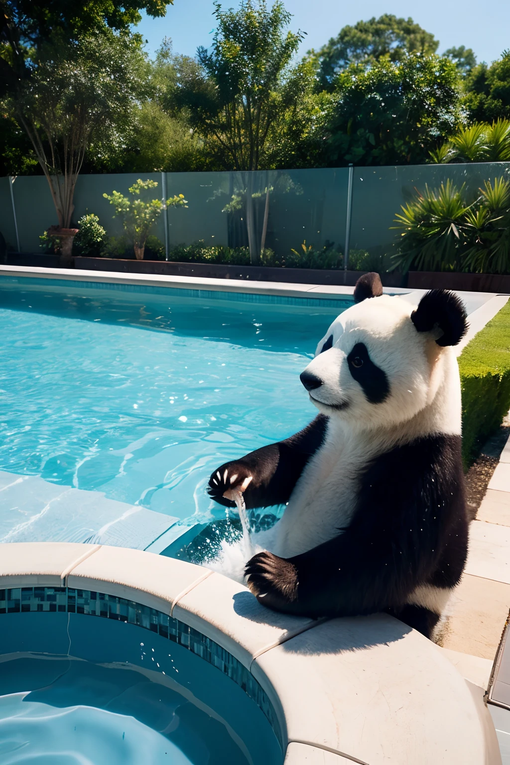 The panda is right above the pool,A swimming pool,photorealestic,k hd,frontage,ssmile,Pool panorama