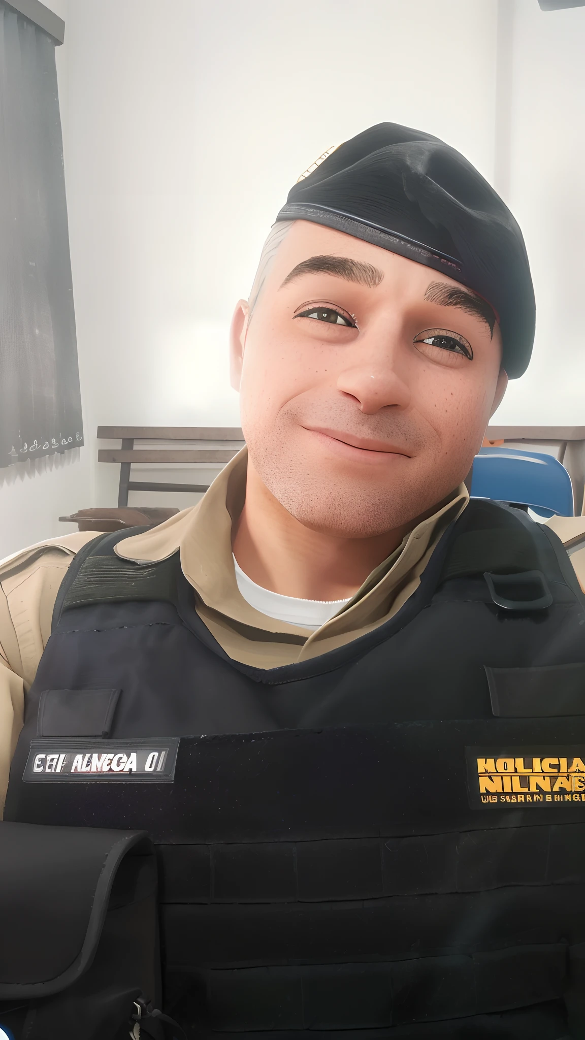 pixarstyle um retrato na altura da cintura de um jovem uniformizado, with a black beret on his head, below the neck a white t-shirt collar, acima dela outra gola de camisa de cor caqui, Sleeves also in khaki color, preenchendo o peito, On the shirt is a black vest, cavado e sem mangas, with some pockets and accessories in black color, smile shy , sobrancelhas destacadas, Birthmark on chin, fundo branco, textura natural da pele, texturas 4k, hdr, intrincado, altamente detalhado, foco nítido, cinematic visual, hiperdetalhado