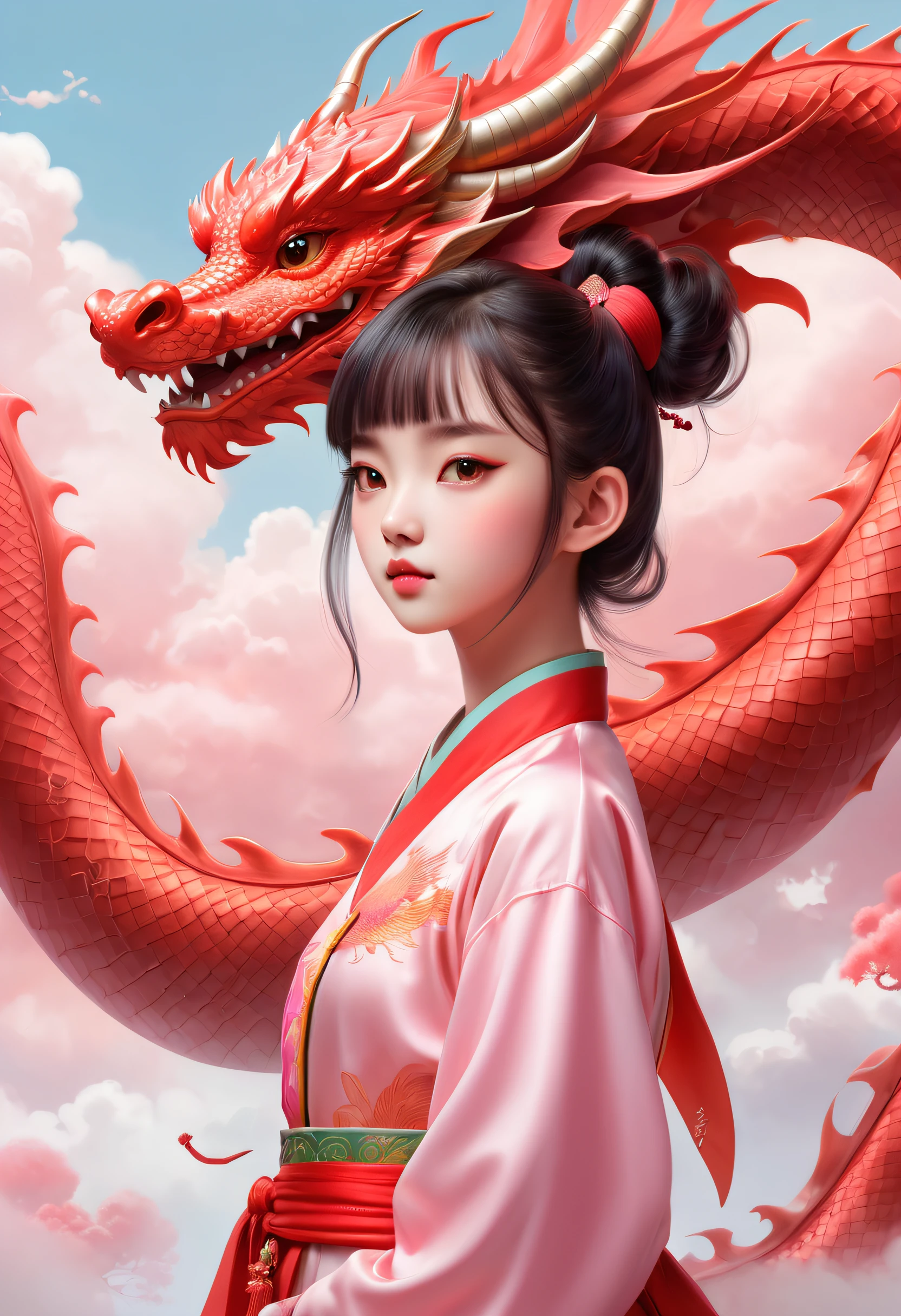 Yu Dong's Red Dragon features ethereal cloud style, cute girls, tame long, colorful cartoons, realistic details, light pink, vibrant illustrations, Chinese punk, and harmonious balance