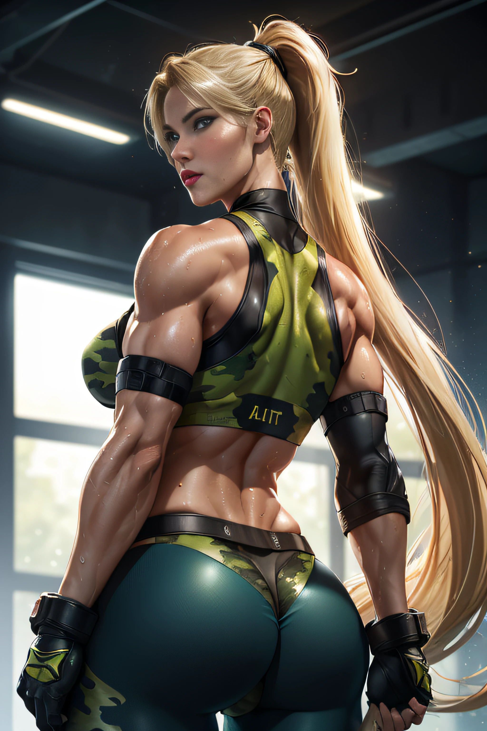 ((Sonya Blade from the Mortal Kombat series)), (She has big bright blue eyes), (Red lips), (Beautiful face), (Very long straight blonde hair high ponytail), (She wears a tank top, Black Gloves, Green Camouflage Pants), ((Best Quality)), ((masutepiece)), (gargantuan butt: 1.6), (Curve: 1.3) 1girl in, Solo, Looking at the viewer, Back, Big ass, Muscular thighs, nffsw, Detailed texture, Colorful, Delicate, Cinematic Light, side lights, Lens Flare, wide hips, Narrow waist, enticing, wet and sweaty, depth of fields