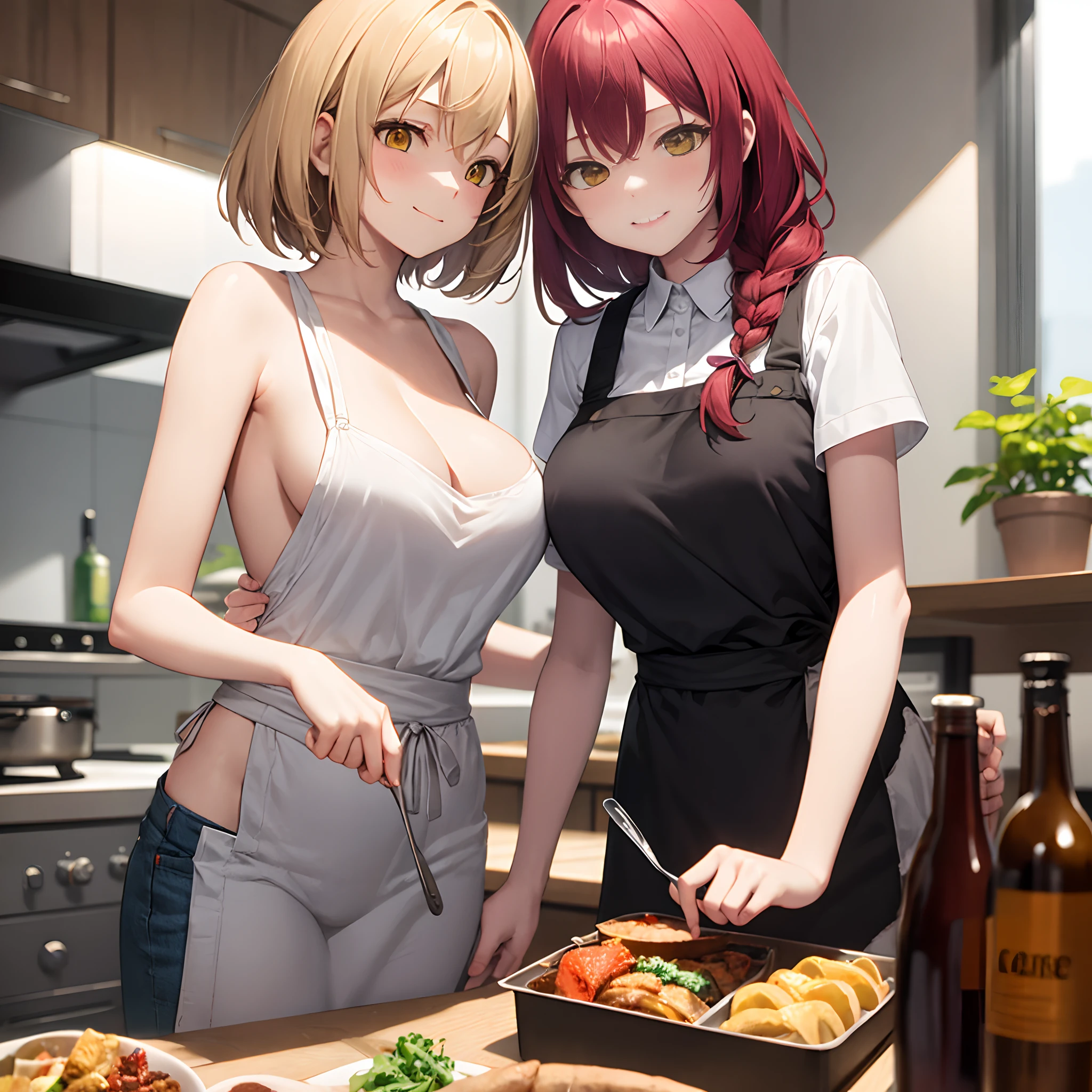 (Delicate 8K illustrations), ((masutepiece)), ((Super Resolution)), BREAK, A red-haired girl and a blonde girl are cooking, ((Two girls)), (( Two people)), ((Beautiful fingers)), ((short height)), Calm expression, having fun, Smiling, BREAK, Right side, ( 1.5), Red hair, short braided hair, braided, Yellow eyes, Troubled face, (Big breasts: 0.7), Slim body, ((BREAK)), on the left, (14 years oldde, short wavy hair, (Wavy Hair), Yellow eyes, Medium chest, Slim body, BREAK, (Making bento boxes: 1.5), Rest, (kitchin), (meal), Smile, talk, Cute cook, Apron, (Very delicate and beautiful art), Elegant, (Subdued Color)