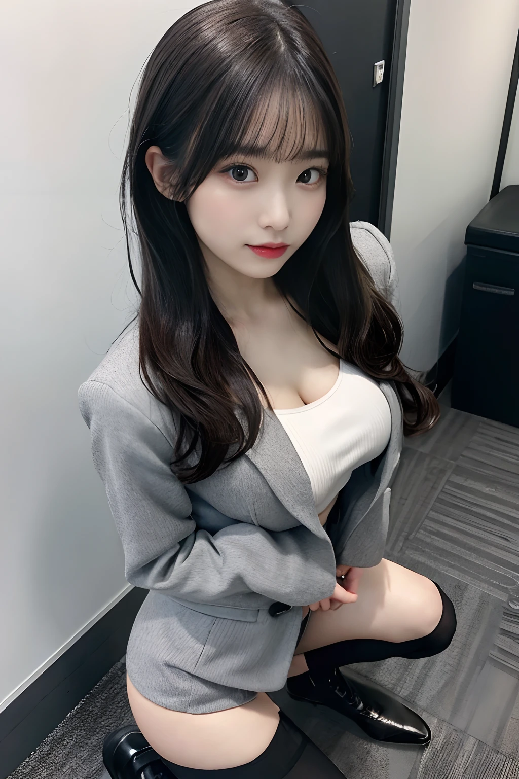 huge tit、g-cup、Woman in grey suit、Wearing a gray miniskirt、Height 145 cm、25-years old、Squatting in an empty office、I'm looking at it from above