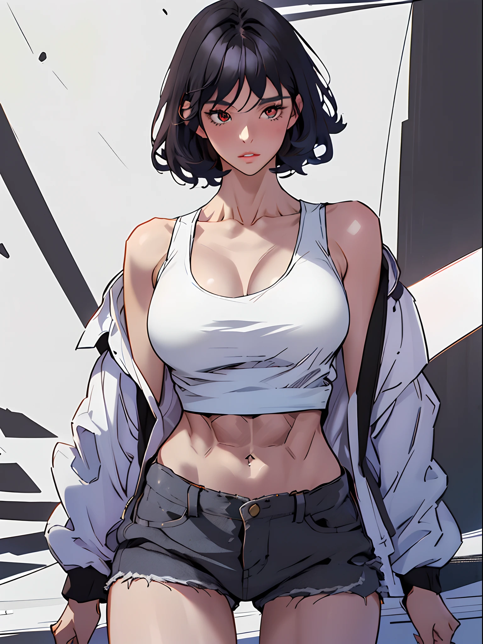 1girl, black hair, collarbone, black jacket, large breasts, looking at viewer, shirt, short hair, solo, tank top, upper body, white shirt, white tank top, showing abs, muscular female,