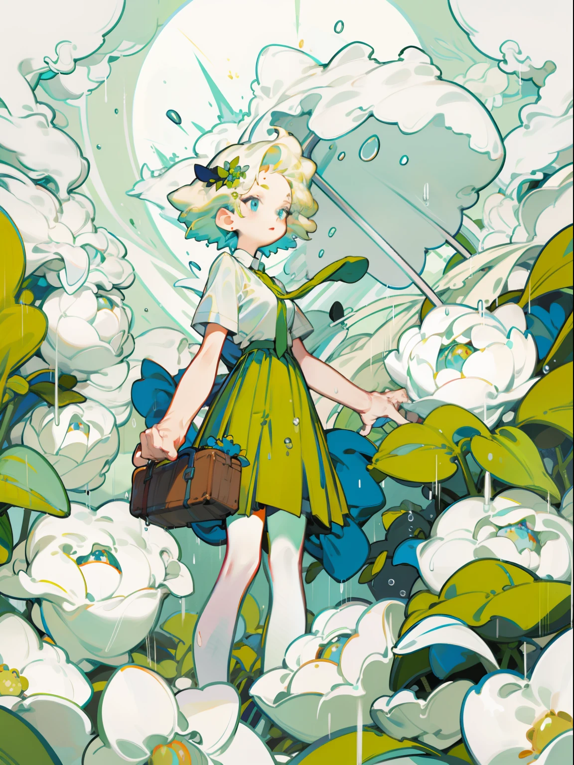 1girll, blond hairbl, Short hair, Blue eyes, White shirt, green necktie, Green skirt, City, rain, Detailed background
