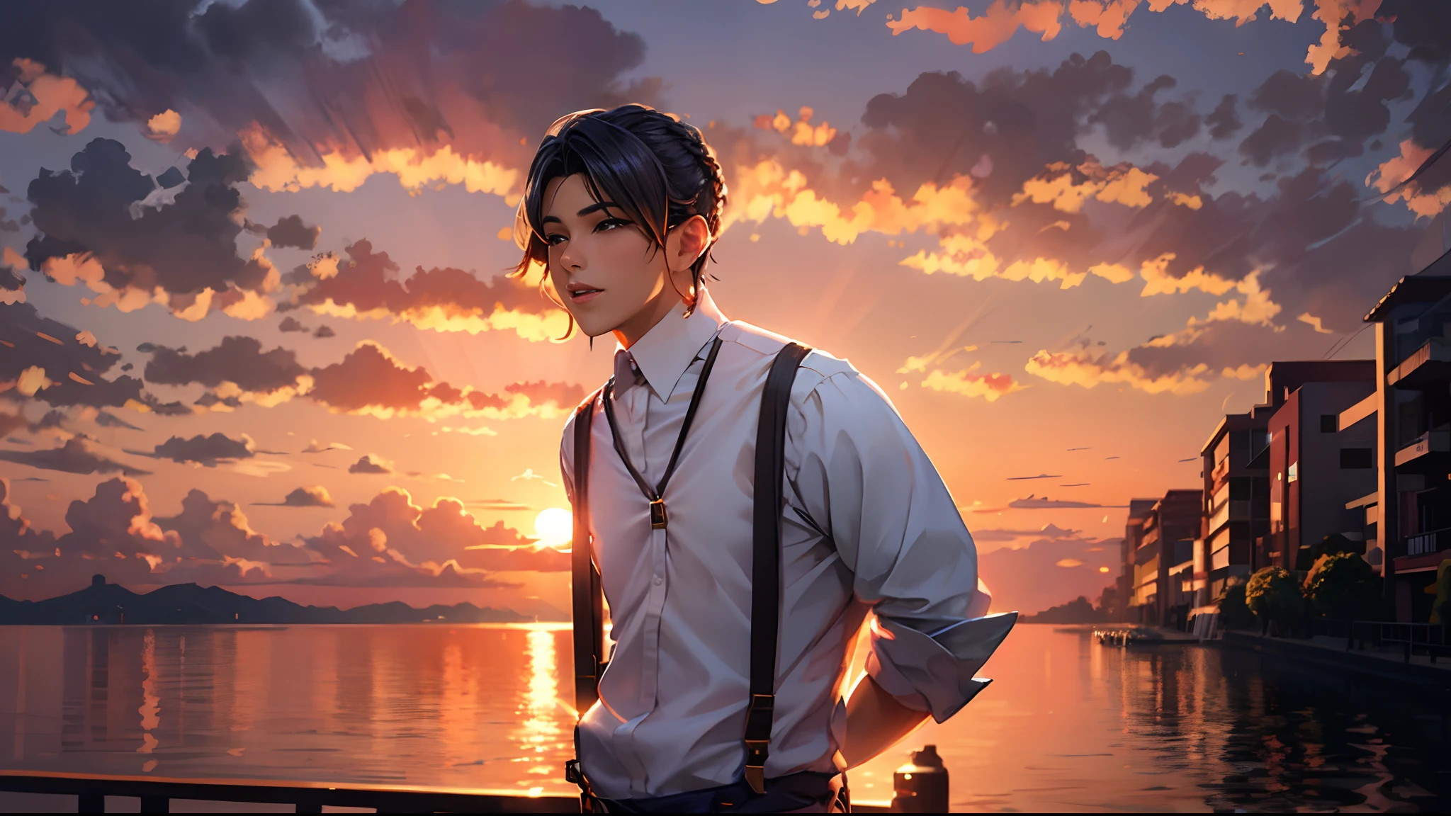 the sunset,eventide,middle parted hairstyle,Suspenders